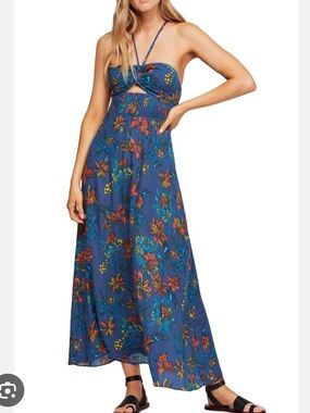 Free people one step ahead blue floral bandeau keyhole maxi dress NWT SZ S
